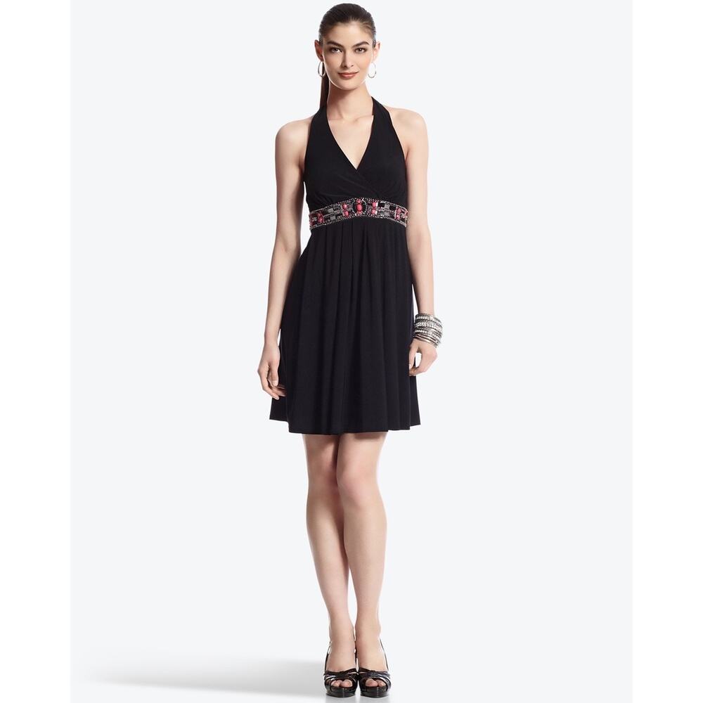 White House Black Market Halter Midi Dress Beaded Y2K Babydoll Chic Black 4